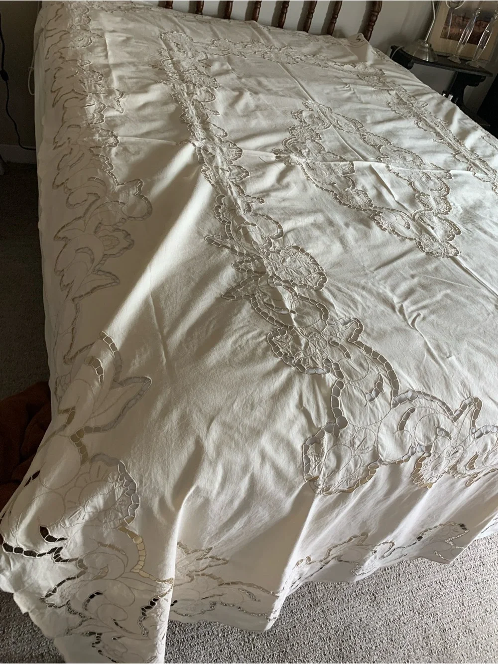 Vintage French Tablecloth or Bed Coverlet (shown on Queen bed) 104”x70” Pristine
